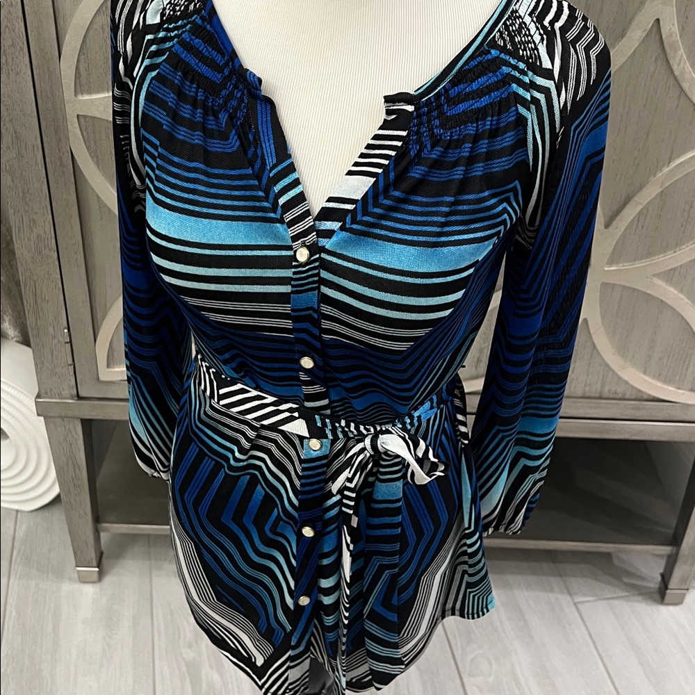 Cache Vibrant Blue and Black Striped Top